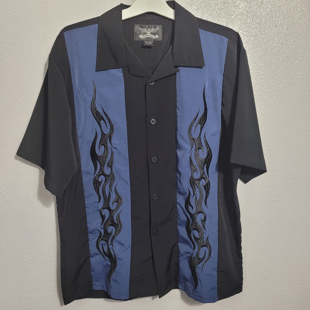 CHROME EAGLE Black Embroidered Flames Button-Up Shirt